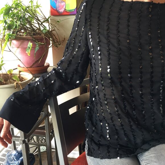 Vintage 1980s Long Sleeve Sheer Black Sequin Evening Blouse -- Not Too Sheer. - Picture 2 of 11